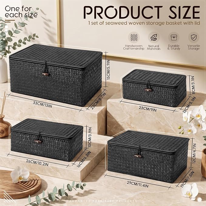 Woanger Set of 4 Wicker Baskets with Lids, Nautral Seagrass Storage Baskets, Woven Rectangular Basket Bins, Rattan Storage Organizer for Shelf Closet Bedroom(Black)