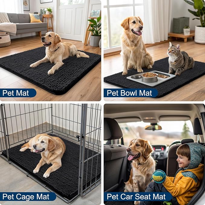 Smiry Dog Door Mat for Muddy Paws 48x30, Absorbent Dirt Trapper, Non-Slip Washable Chenille Entryway Rug for Inside Floor, Black, Classic Solid