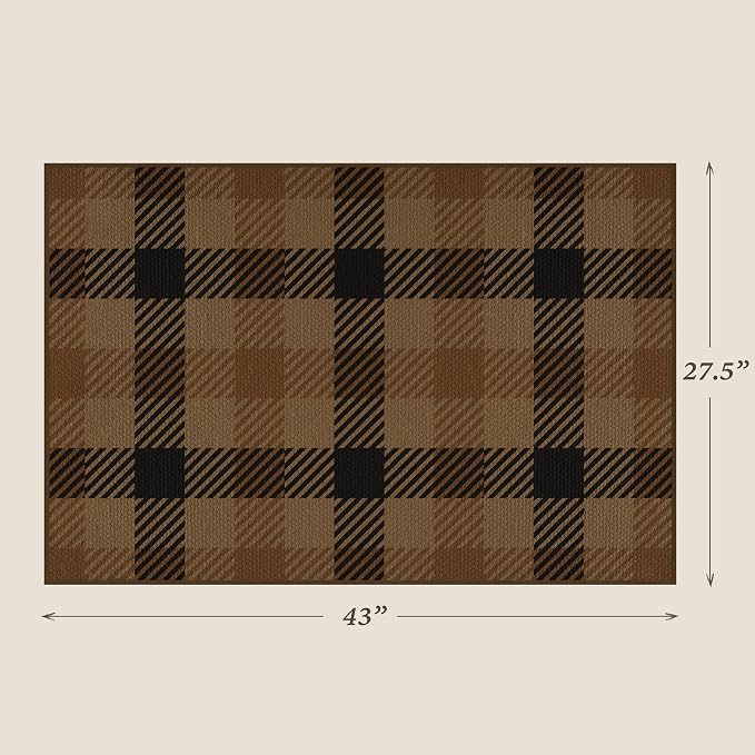 Brown Checkered Rug for Under Door Mat Outdoor - 2'3" x 3'7" (27.5" x 43") Washable Easy Jute Plaid Rug for Entryway, Kitchen, Earthy & Coffee Rustic Accent Neutral Front Porch Décor