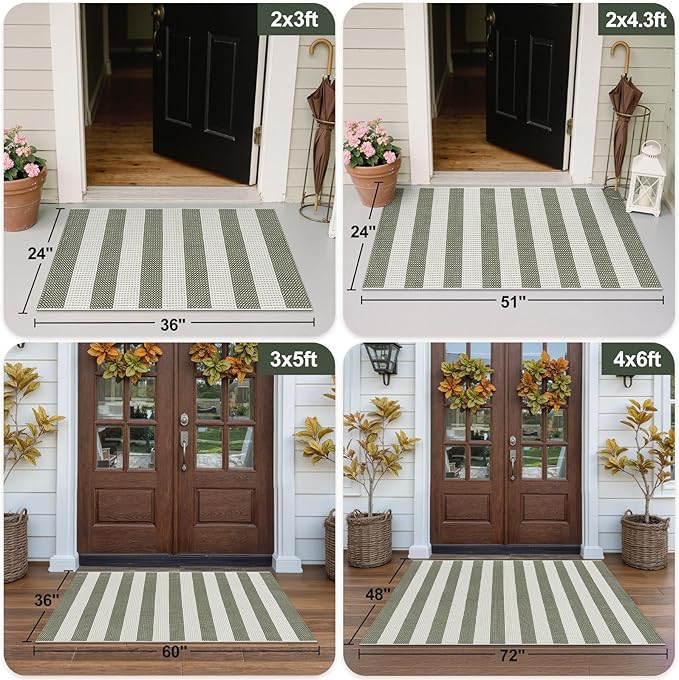 OJIA Outdoor Rug 3'x5' Washable Entryway Rugs Front Door Mat Porch Rug | Cotton Woven Fall Door Mat Front Door Rug Small Area Rug Outdoor Doormat for Porch Decor Kitchen Patio Bathroom Green/White