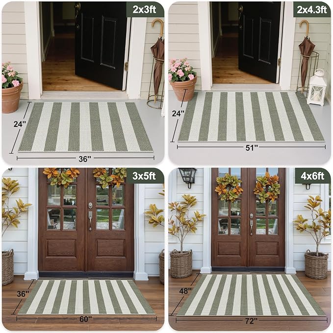 OJIA Front Door Mat 24"x36" Outdoor Doormat Striped Porch Rugs Fall Decor | Washable Rug Door Mat Outside Entrance Cotton Indoor Outdoor Rugs Small Area Rug for Kitchen Entryway Patio Green/White