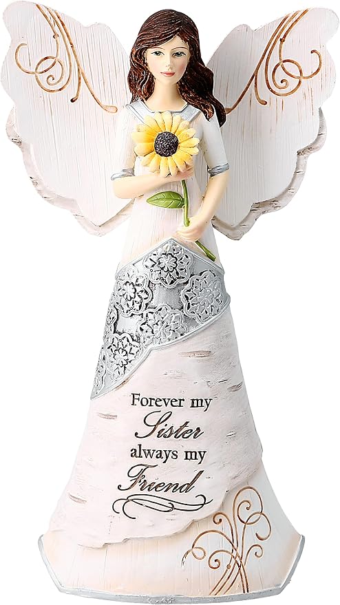 Elements Sister Angel Figurine by Pavilion, 6-1/2-Inch, Holding Sunflower, Inscription Forever My Sister Always My Friend,White