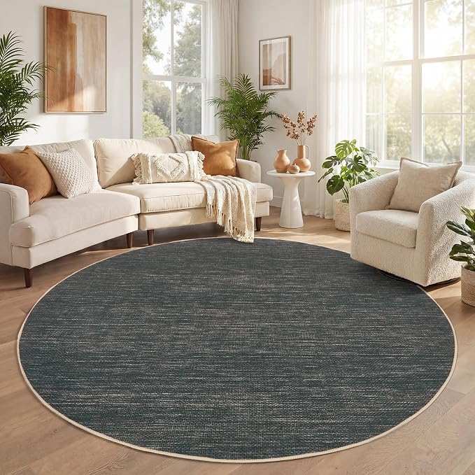 GarveeHome Washable 4ft Easy Jute Round Rug for Living Room Bedroom | Modern Solid Non Slip Circle Rugs Low Pile Indoor Round Area Rugs for Kitchen Nursery Entryway Dorm, Grey