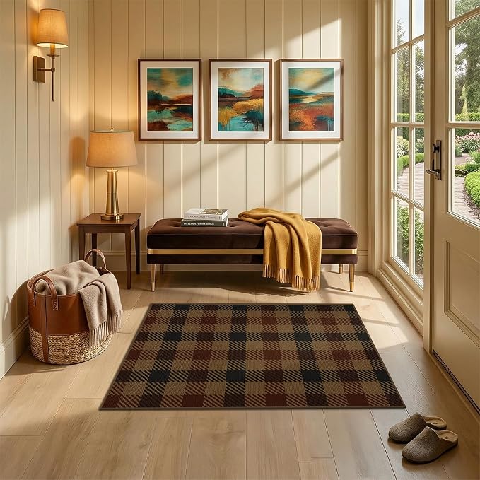 3x4 Entryway Door Mat Indoor – Washable Non Slip Small Rug for Front Door, Kitchen Sink, Mudroom, Garage Entry, Low Profile Easy Clean Farmhouse Plaid Floor Mat