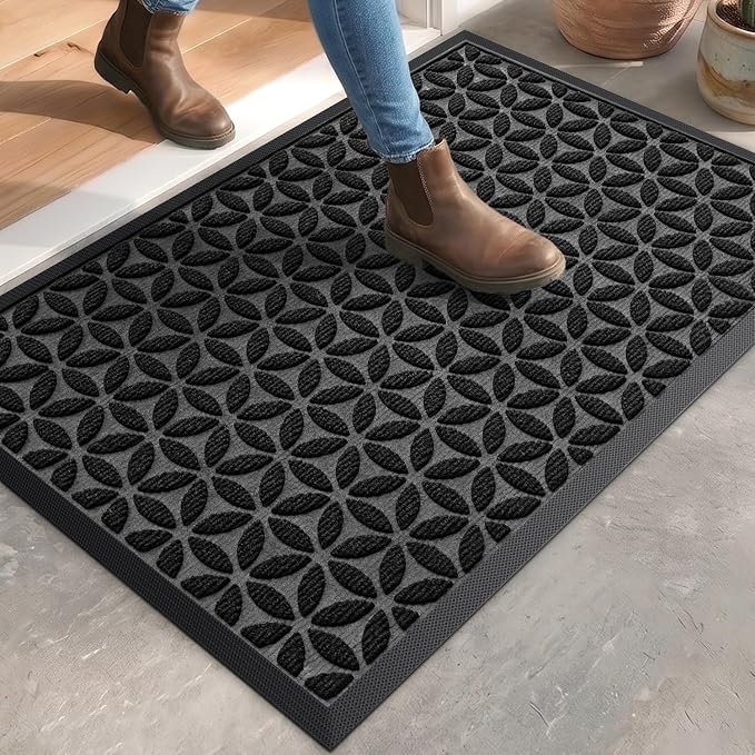 DEXI Front Door Mat Outside Entrance, 17x30 Heavy Duty Entry Doormat Dirt Trapper with Rubber Back, Non Slip Low Profile Floor Mats for Entryway Exterior Patio, Hexafoil Floral