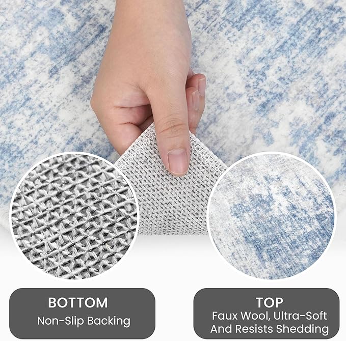 IOHOUZE Abstract Area Rug 4x6 Ft Washable Rugs for Entryway Indoor, Non Slip Small Living Room Rugs Printed Faux Wool Throw Rug, Floor Carpet for Kitchen Nursery Playroom, Light Blue Grey