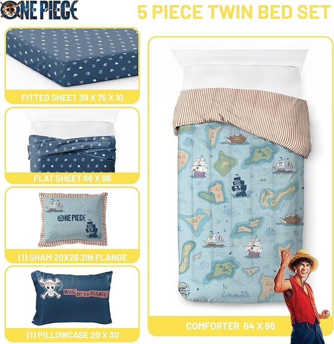 One Piece Luffy Twin Comforter Set 5 Piece Soft Anime Bedding, Multi | Bed in a Bag, Comforter Sheets Sham Pillowcase, Official Product, Soft Microfiber, Machine Washable Easy Care, Gift for Fans