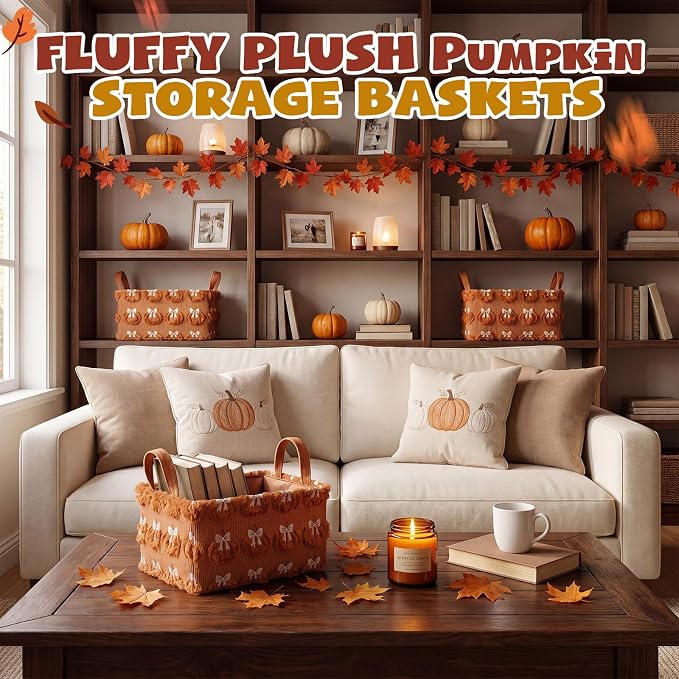 2 Pcs Pumpkin Bow Storage Basket 14x10'' Fall Pumpkin Storage Bin | Back to School Gift, Fluffy Plush, Closet Organizer with Handle, Thanksgiving, Halloween, Home Office Laundry Car Shelves