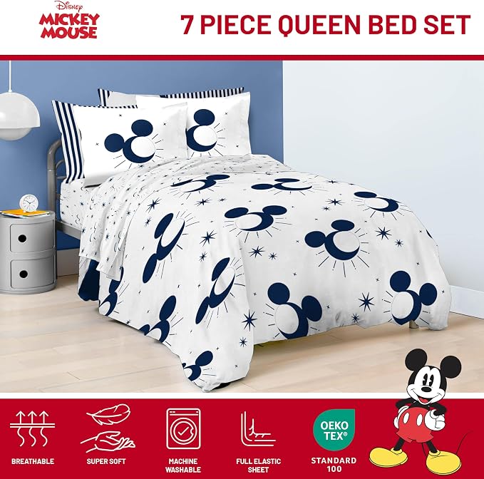 Disney Mickey Mouse Queen Comforter Set 7 Piece Celestial Bedding, White | Bed in a Bag, Comforter Sheets Shams Pillowcases, Official Product, Soft Microfiber, Machine Washable, Easy Care