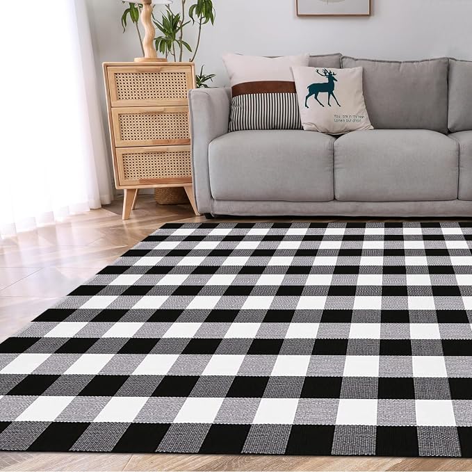 Buffalo Plaid Rug 5.5'x7.5'Black and White Area Rug,Washable Cotton Woven Indoor/Outdoor Rug for Farmhouse/Dining Room/Bedroom/Living Room Rug Retro Lattice Checkered Carpet