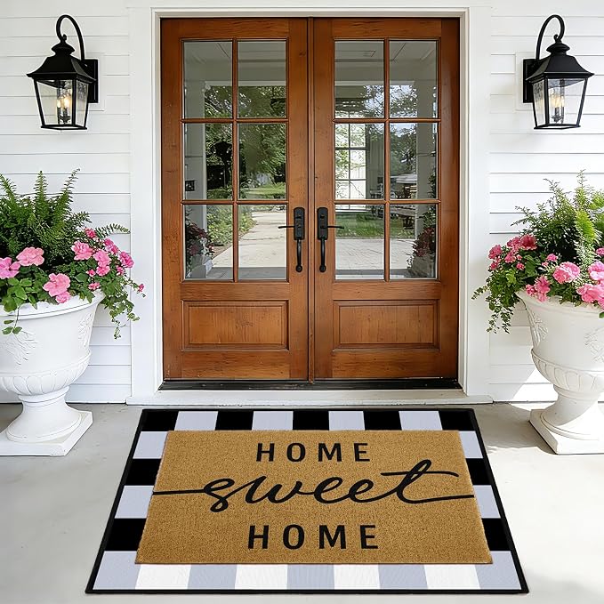 Home Sweet Home Welcome Doormat Set, 2 Pack Layering Entry Rugs with Coir Loop Printed Mat and Buffalo Plaid Crystal Velvet Under Rug Home Sweet Front Door Doormat for Farmhouse Entryway Decor