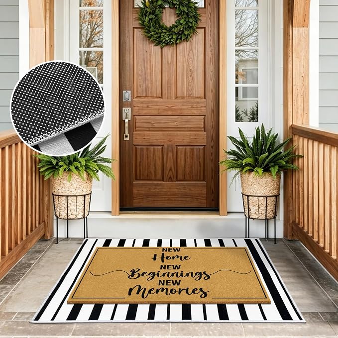 2 Pcs Coir Door Mat Welcome Mats for Front Door Porch Black White Layering Rug for Outside Entrance Non Slip New Home Area Rugs for Outside Patio Housewarming Gift Idea for Family Friends 23.6"x35.4"