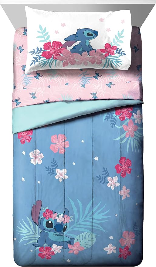Jay Franco Disney Lilo & Stitch Queen Comforter Set, 7 Piece Bed in a Bag - Reversible with Shams & Sheets - Super Soft Microfiber Kids Bedding, All Season Machine Washable (Official Disney Product)