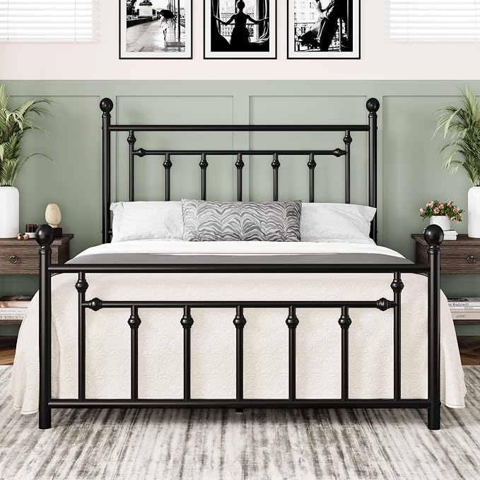 Allewie 14'' Queen Size Metal Platform Bed Frame, Vintage Headboard, Black | 50'' Tall Victorian Headboard/Footboard/Mattress Foundation/Under Bed Storage/No Box Spring Needed/Easy Assembly/Noise Free