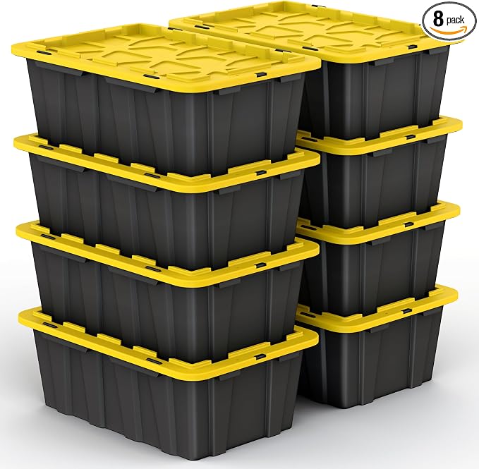 8 PACK of 12 Gallon Medium Black & Yellow Storage Bins | Plastic Tote Organizing Container with Secure Latching Lids, Stackable, Extra Strength with Built in Handle | 24.5" x 16.5" x 9"