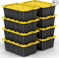 8 PACK of 12 Gallon Medium Black & Yellow Storage Bins | Plastic Tote Organizing Container with Secure Latching Lids, Stackable, Extra Strength with Built in Handle | 24.5" x 16.5" x 9"