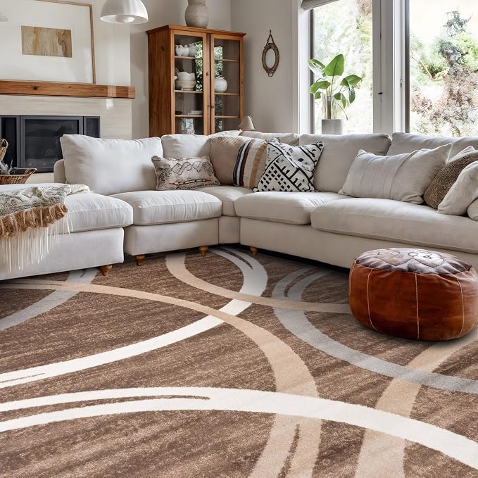 Rugshop Wavy Circles Modern Fade-Resistant Area Rug Brown 6'6" x 9' | Rectangular, Size 6'6" x 9', Living Room, Bedroom, Dining Room, Home Office, Kitchen, Entryway, Hallway, Nursery, Kids Room