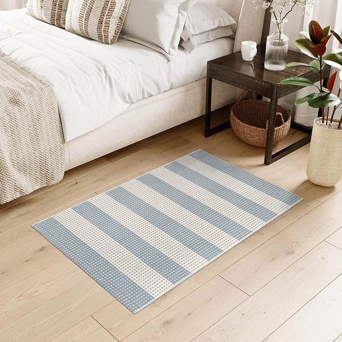 Blue and Cream Striped Rugs 2'x3', Washable Hand Woven Front Door Rug, Outdoor Welcome Mat Foldable Front Door Mats for Entryway Outside Home Entrance Farmhouse
