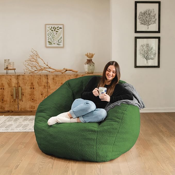 Big Joe Cloudberry Bean Bag Chair, Foam-Filled Structured Seat, Teddy Boucle, Matcha Green, Adults