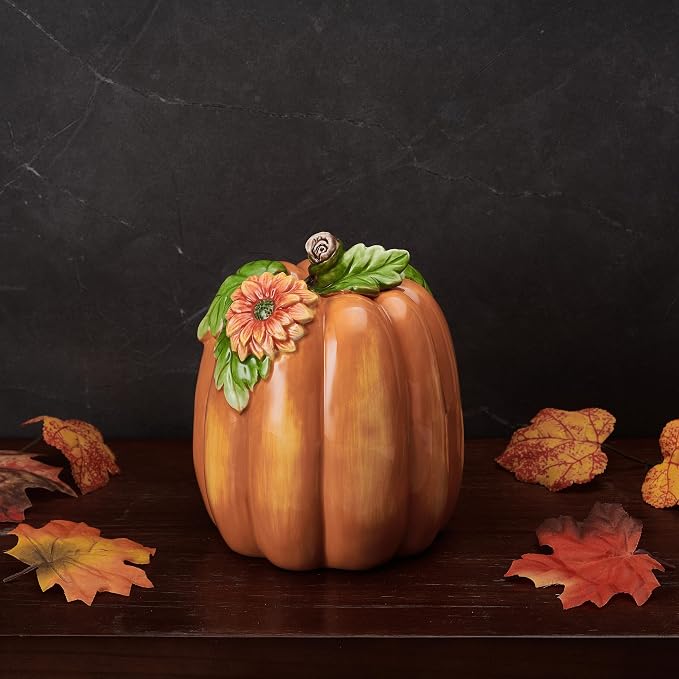 Fitz and Floyd Harvest Halloween Tall Flower Pumpkin Ceramic Figurine, 7 inch