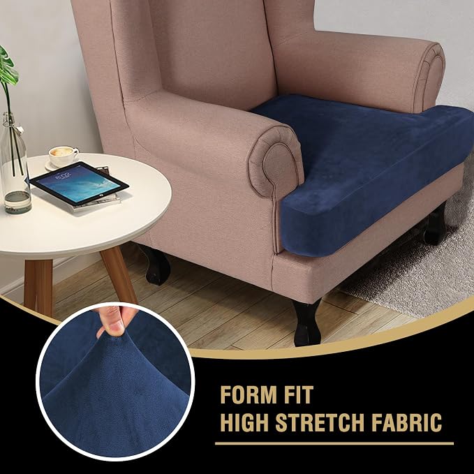 H.VERSAILTEX Stretch Velvet T Cushion Chair Covers for Living Room Armchair Sofa Cover Couch Cover Slipcover T Cushion Seat Cover Stay with Elastic Bands(Armchair, Navy)