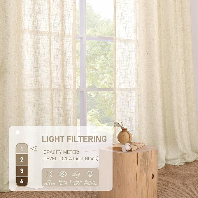 LAMIT 45 Inch Length Linen Curtains for Bedroom, Light Filtering Semi Sheer Neutral Short Decorative Window Drapes with Bronze Grommet for Kitchen,2 Panels Set, 52 X 45 Inch, Beige