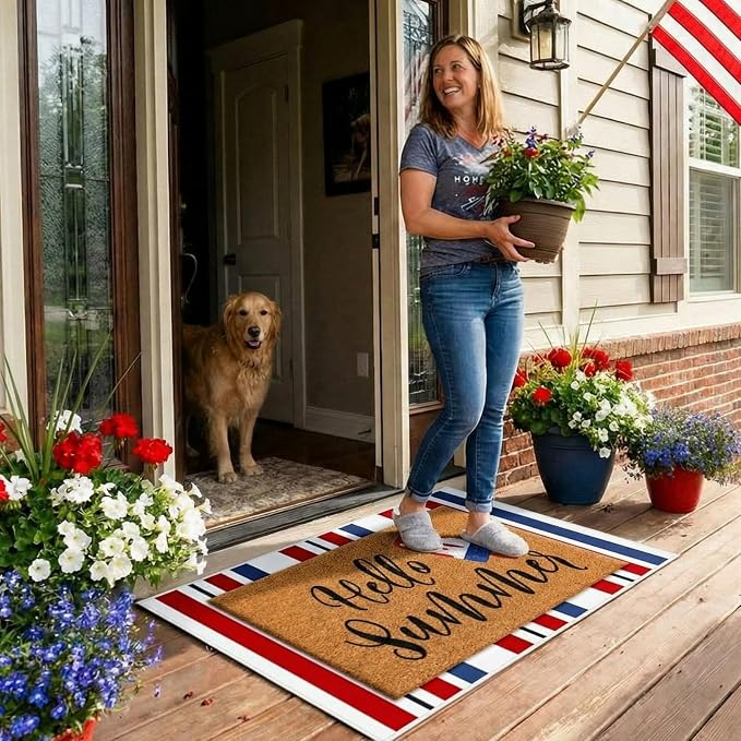 Moucuny 2 Pcs Patriotic Door Mat Hello Summer 4th of July Coir Door Mat Outdoor 250 Anniversary Red White Blue Stripe Welcome Rug Non-Slip Independence Day Doormat Outside Porch Front Decor