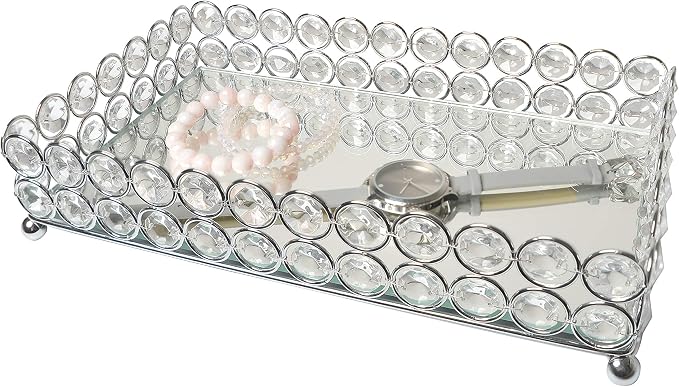 Elegant Designs HG1010-CHR Elipse Crystal Decorative Mirrored Jewelry or Makeup Cosmetic Perfume Vanity Organizer Tray, Chrome