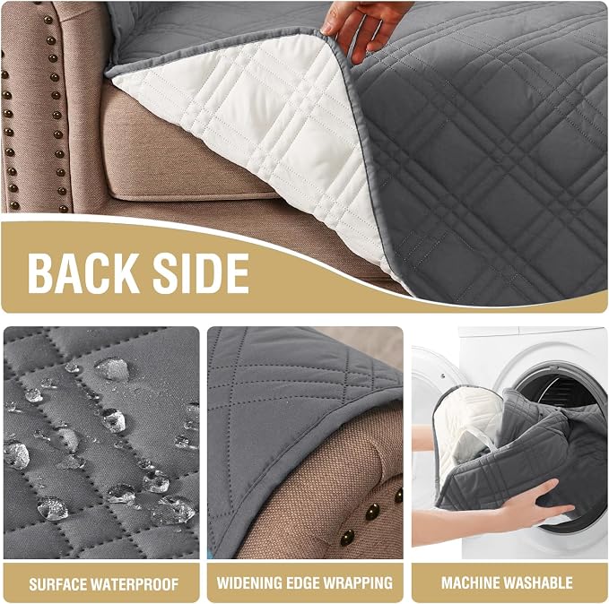 H.VERSAILTEX 100% Waterproof Sofa Covers for 3 Cushion Couch Modern Sofa Cover for Dogs XL Couch Covers for Oversized Sofa with Elastic Straps (Oversized Sofa, Grey/Beige)