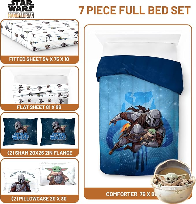 Jay Franco Kids Bed Set, Blue, The Mandalorian, 7 Piece Full | Cozy Soft Bedding for Stylish Room Décor with Comforter, Sheets & Pillow Covers