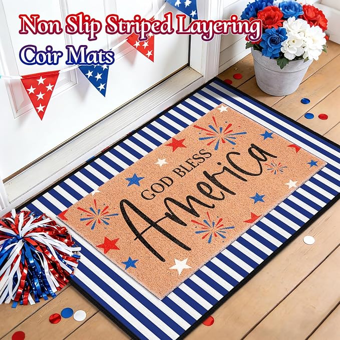 2 Pcs God Bless America Door Mats, 4th of July Patriotic Welcome Mat Non-Slip Coir Doormat with Blue White Stripes, Layered Rug for America 250th Anniversary, Front Porch Entryway Decor