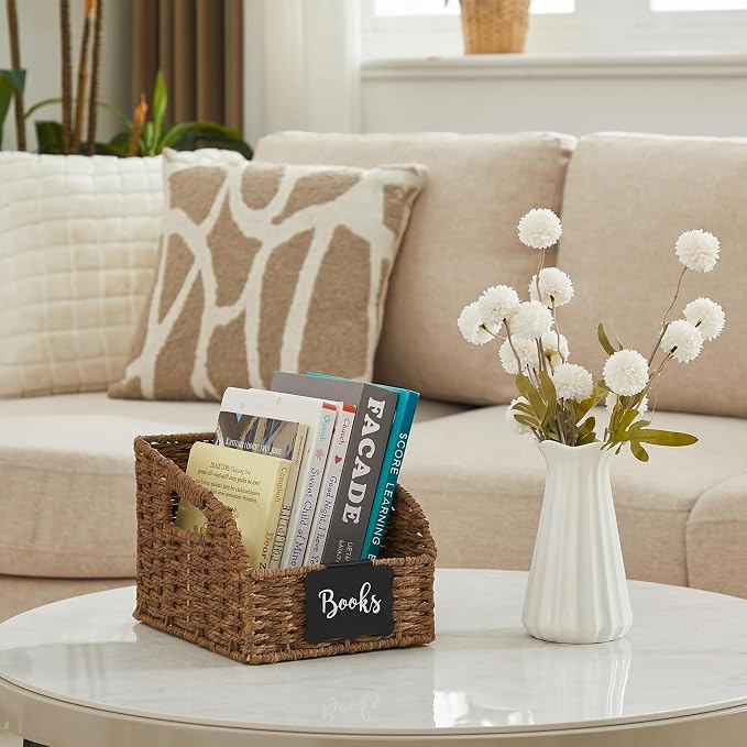 Wicker Baskets for Organizing, Pantry Baskets with Built-in Handles, Handwoven Large Storage Basket - Paper Storage Bins for Shelves, 3 Pack, Brown - 2 Set