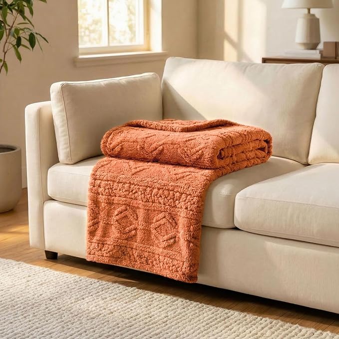 SUPERIOR Fleece Boho Jacquard Blanket, Decorative Blankets for Bedroom, Sofa, Fuzzy, Plush, Fluffy, Soft, Cute Room Decor, Beautiful Cover, Comfort Essentials, Arctic Collection, Throw, Dusty Orange