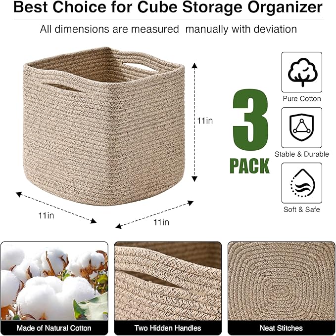 ICERZCZ 11 Inch Cube Storage Bins, Storage Cube Organizer Bins, Woven Cotton Rope Baskets for Storage, Storage Basket for Organizing Shelves, Square Baskets for Toys Nursery, Brown (Pack of 3)