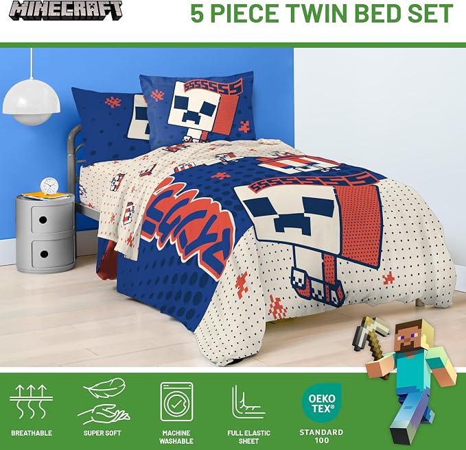 Minecraft Creeper Twin Comforter Set 5 Piece Soft Kids Bedding, Blue | Oishi Market, Bed in a Bag, Comforter Sheets Sham Pillowcase, Official Product, Soft Microfiber, Machine Washable, Kids Gift