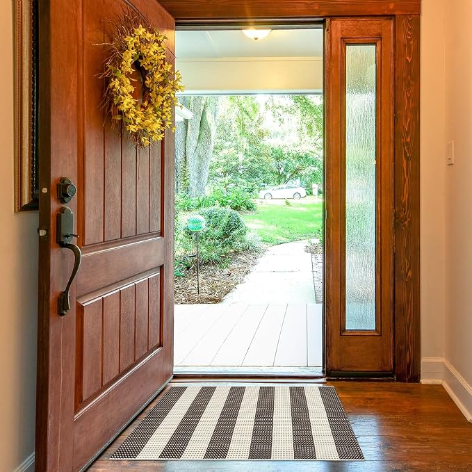 LEEVAN Door Mat Outdoor Entrance 24''x35'', Washable Striped Front Porch Rug, Black and White Buffalo Welcome Mat, Spring Outside Entryway Rugs, Cotton Woven Indoor Outdoor Layered Doormats