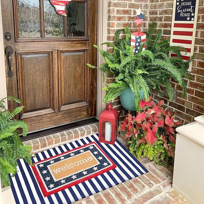 CAINANEL Blue and White Striped Rug 4th of July Door Mat Summer Front Porch Rug Independence Day Welcome Doormats for Farmhouse Entrance Porch Outdoors Decor(Blue and White, 24'' x 35'')