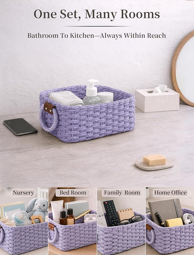 Small Wicker Baskets, 3 PCS Paper Rope Baskets for Shelves, Purple | Recycled Small Baskets, 3 Sizes Woven Baskets for Organizing, Decorative Storage Baskets for Bedroom and Bathroom