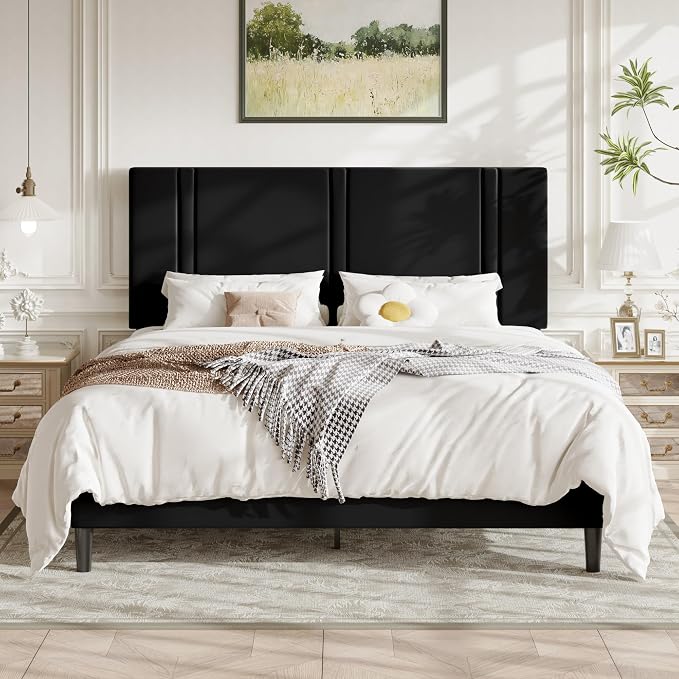 Allewie California King Size Platform Bed Frame with Adjustable Headboard | Plush Velvet Upholstered, Vertical Channel Tufted, Sturdy Wood Slats, No Box Spring Needed, Easy Assembly, White