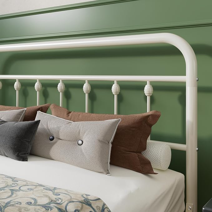 SHA CERLIN Queen Metal Bed Frame with Victorian Iron-Art Headboard, Cream | Victorian Iron-Art Headboard and Footboard, Easy Assembly, Under Bed Storage, No Box Spring Required