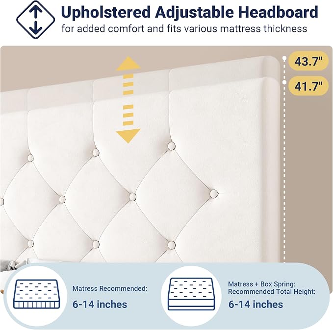 Allewie Upholstered King Size Platform Bed Frame with 4 Storage Drawers and Adjustable Headboard, Diamond Button Tufted, Wooden Slats Support, Noise-Free, No Box Spring Needed, Easy Assembly, White