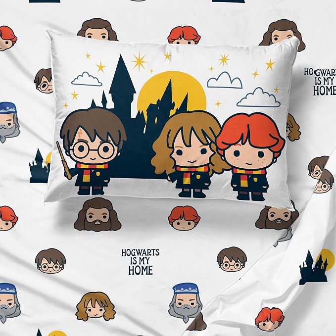 Jay Franco Kids Sheet Cartoon Set with Fitted, Flat Sheets & Pillow Cover - Ultra-Soft Bedding with Pillowcase for Room Decor, Grey - Harry Potter, 3 Piece Twin