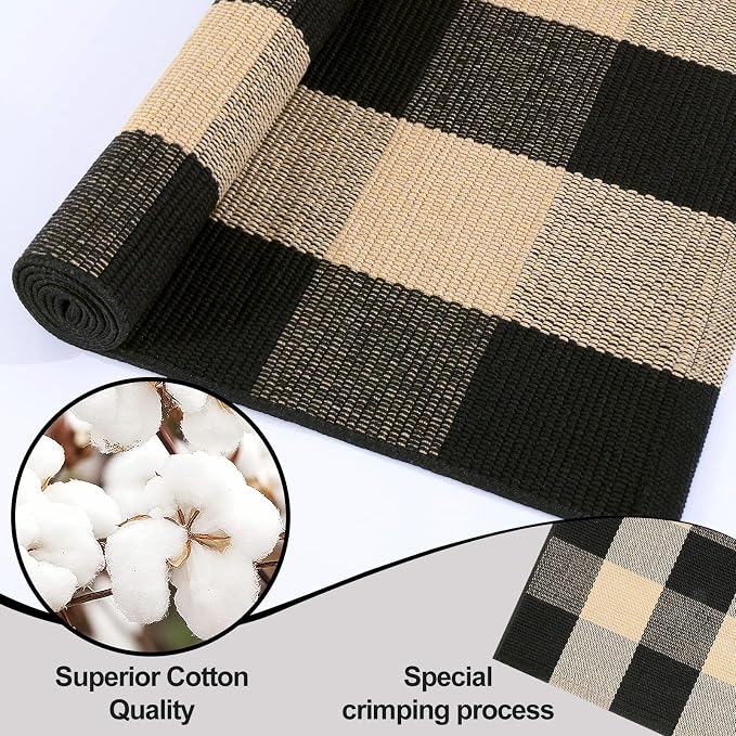 OLANLY Buffalo Plaid Rug 2' x 3' (24" x 36") | Brown and Black Cotton Checkered Doormat, Washable Indoor Outdoor Rug for Layered Front Porch, Kitchen, Entryway Decor