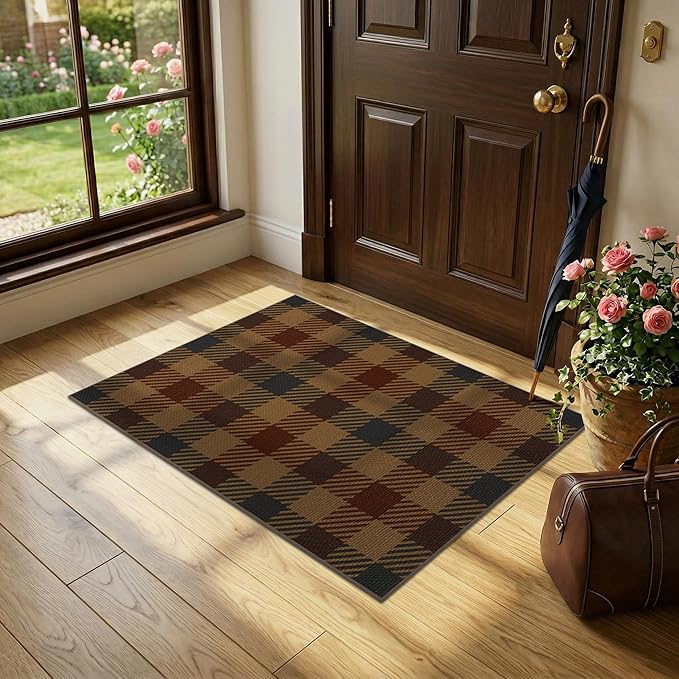 2x3 Entryway Door Mat Indoor – Washable Non Slip Small Rug for Front Door, Kitchen Sink, Mudroom, Garage Entry, Low Profile Easy Clean Farmhouse Plaid Floor Mat