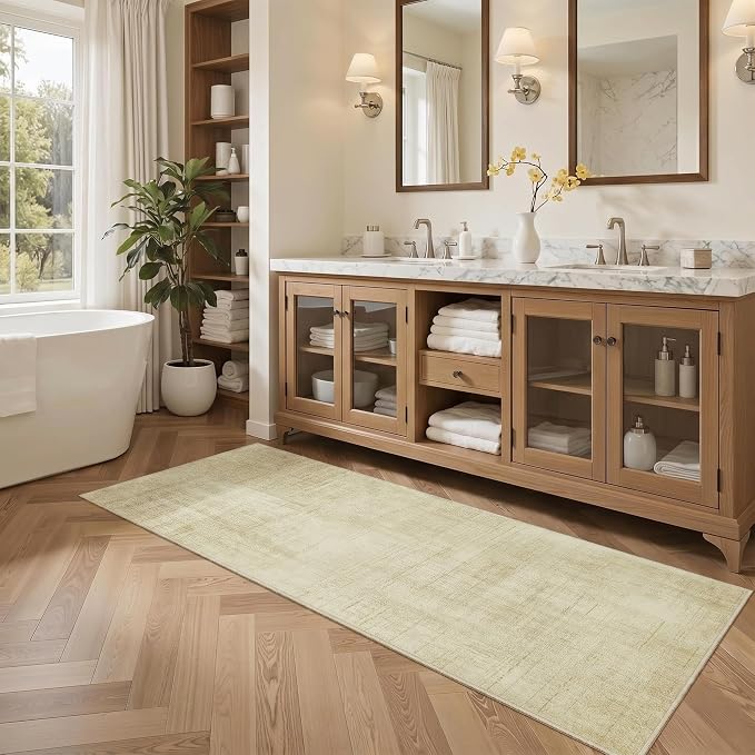 Joydeco Washable 2x5 Hallway Runner Rug Classic, Beige | Water Resistant Low Pile Non Slip Backing for Kitchen Entryway Bedroom Bathroom Dining Room