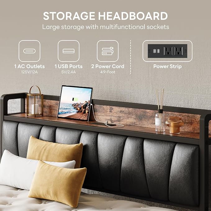 LIKIMIO Queen Bed Frame, Storage Headboard with Charging Station, Solid and Stable, Noise Free, No Box Spring Needed, Easy Assembly (Vintage and Black)