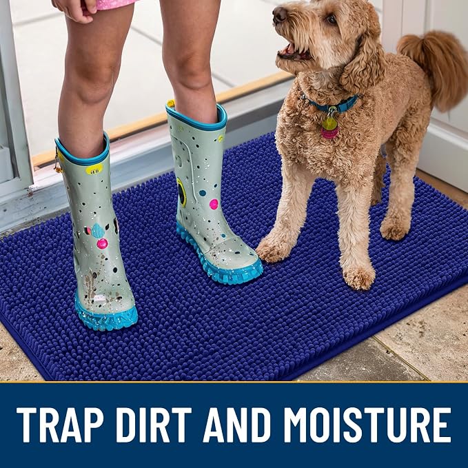 Smiry Dog Door Mat for Muddy Paws 40x32, Absorbent Dirt Trapper, Non-Slip Washable Chenille Entryway Rug for Inside Floor, Navy Blue, Classic Solid