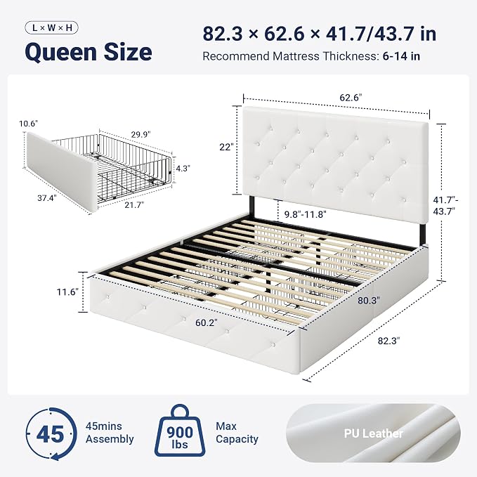 Allewie Upholstered Queen Size Platform Bed Frame with 4 Storage Drawers and Headboard, Diamond Stitched Button Tufted, Mattress Foundation with Wooden Slats Support, No Box Spring Needed, White