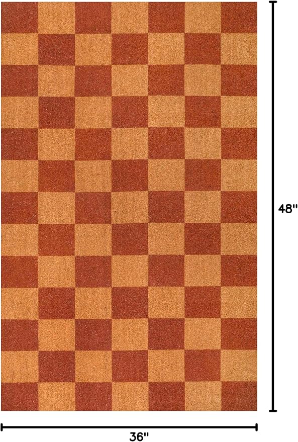 JONATHAN Y Natural Coir Indoor/Outdoor Area Rug 3X4 Natural/Red Checker, Peater Classic Casual Commerical Doormat Ideal for Door Entrance, Patio, Porch, Backyard, Garages NRF110A-34