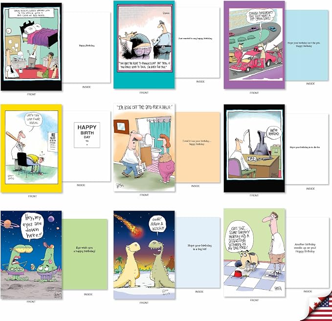NobleWorks - 36 Assorted Funny Birthday Cards Bulk Box Set with Envelopes (36 Designs, 1 Each) engaging Mixed Humor Greeting Card Pack for Men & Women - McCoy Bros. Merriment AC7742BDG-B1x36